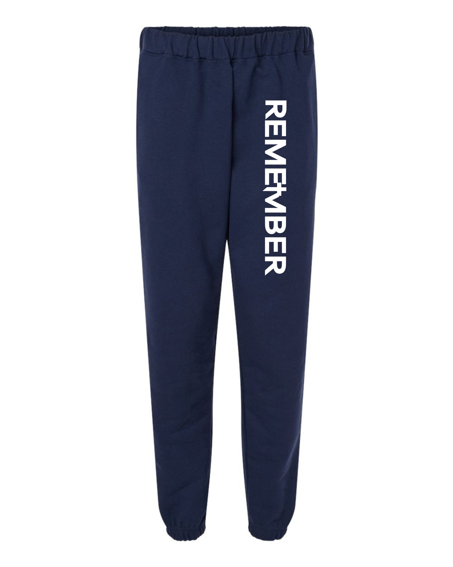 DARK BLUE SWEATPANT WITH THE WHITE REMEMBER PRINT ON THE RIGHT THIGH