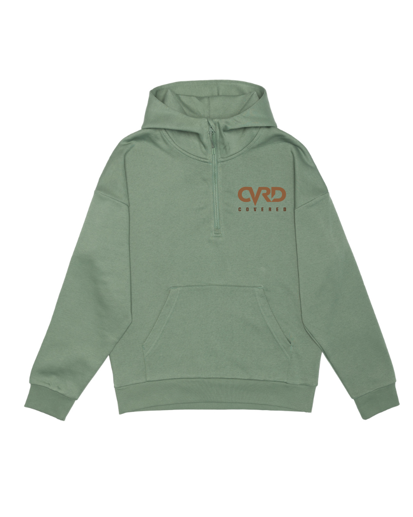 Green Half Zip Hoddie and Short with Brown Print