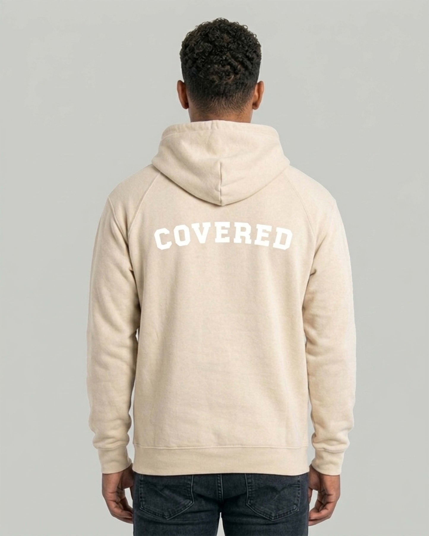 BEIGE HOODIE WITH WHITE CVRD PRINT